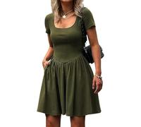 MeeQee Women's Summer Dress Short Sleeve Mini A Line Dresses Casual Square Neck Tunic Dress Ladies Solid Color Swing Short T-Shirt Dresses Knee Length Sundress with Pockets Army Green