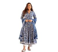 MEERA FAB Plus Size Printed Pure Cotton Anarkali Kurta with Palazzos & Dupatta, Blue, 7XL