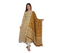 Meera Fab Women's Cotton Printed Blue Anarkali Kurta With Palazzo & Dupatta, Mustard, Medium