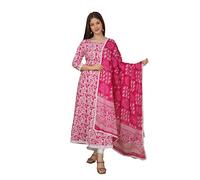 Meera Fab Women's Cotton Printed Blue Anarkali Kurta With Palazzo & Dupatta, Pink, Large
