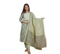 Meera Fab Women's Cotton Printed Green Printed Straight Embroidery Kurta With Palazzo & Dupatta, Pista Green, XX-Large