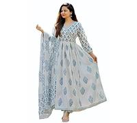 Meera Fab Women's Cotton Printed Kurta With Palazzo & Dupatta Set, Blue, Medium