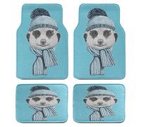 Meerkat Car Mat Set of 4, Animal Head Sketchy with Winter Scarf and Hat, Front & Back Seat Floor Mat Durable PVC Backing Car Accesory, Green Blue Grey