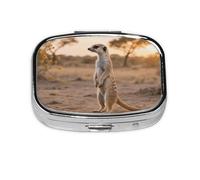 Meerkat Pill Case Square Round Daily Sausage Animal with 2 Compartments Travel Pill Container for Pocket Wallet Portable Storage Box