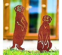 Meerkats Garden Stake Ornament Set Animal Statues Metal Sculptures Outdoor Party Lawn Decoration Gift For Her, Woman, Garden Lover, Housewarming Present (Natural Oxidised)