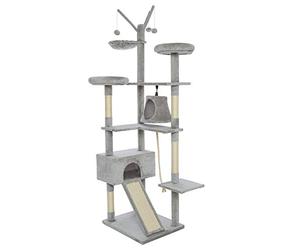Meerveil Cat Tree, 210cm Cat Tower for Indoor Cats, Cat Climbing Tree with Activity Platforms, 3 Pompoms, 2 Condos, Basket and Sisal Scratching Posts, Light Grey