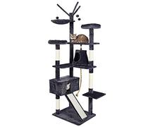 Meerveil Cat Tree - 210cm Indoor Cat Climbing Tower with 3 Pompoms, 2 Condos, Basket & Sisal Scratching Posts - Dark Grey