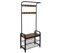 Meerveil Coat Stand, 183 cm Coat Rack with with Shoe Storage Bench, 9 Hooks | Coat and Shoe Rack Metal Clothes Rail Industrial Style for Hallway Entryway Small Space, 72 x 34 x 183 cm, Rustic Brown