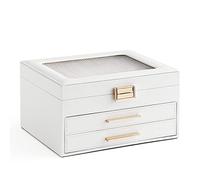 Meerveil Jewellery Box, 3-Tier Jewelry Box, Jewellery Organiser with 2 Drawers, Semi-transparent Design, PU Leather, for Necklace Earring Bracelet, White