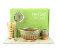 MEESHEEP Matcha Set 7 Pcs Complete Matcha Tea Kit: Ceramic Bowl, Whisk, Whisk Holder, Scoop, Scoop Stand, Sifter & Tea Towel - Ideal for Traditional & Latte Preparations, Gift - Ready