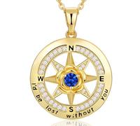 Meeshi 18K Gold Plated Compass Necklace for Women, Birthstone Jewelry for Woman Her Girlfriend Mom Daughter Sister, I'd be Lost Without You, Sterling Silver, Cubic Zirconia