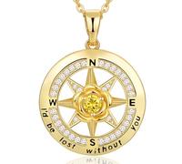 Meeshi 18K Gold Plated Compass Necklace for Women, Birthstone Jewelry for Woman Her Girlfriend Mom Daughter Sister, I'd be Lost Without You, Sterling Silver, Cubic Zirconia