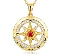 Meeshi 18K Gold Plated Compass Necklace for Women, Birthstone Jewelry for Woman Her Girlfriend Mom Daughter Sister, I'd be Lost Without You, Sterling Silver, Cubic Zirconia