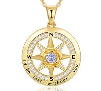 Meeshi 18K Gold Plated Compass Necklace for Women, Birthstone Jewelry for Woman Her Girlfriend Mom Daughter Sister, I'd be Lost Without You, Sterling Silver, Cubic Zirconia