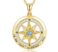 Meeshi 18K Gold Plated Compass Necklace for Women, Birthstone Jewelry for Woman Her Girlfriend Mom Daughter Sister, I'd be Lost Without You, Sterling Silver, Cubic Zirconia