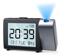 MeesMeek Projection Alarm Clock for Bedroom: Digital LCD Screen with Backlight, 9-mins Snooze, 2 Volume, Temperature, Date, 12/24H and Weekend Mode, USB Powered and Battery Operated (Blue Projection)