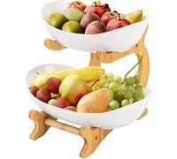 MEESOGA Fruit Basket Stand Ceramic Fruit Bowl with 2 Tiers - Ceramic Fruit Plate 2-Tier Modern Fruit Bowl Stand Holder with Bamboo Stand for Kitchen Vegetable Snacks Candy Storage