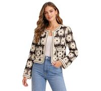 Meet AI Muse Classic Floral Crochet Cardigan Jacket, Black and Cream, Granny Square Pattern, Long Sleeve, with Front Pockets