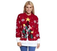 Meet AI Muse Women's Christmas Jumper, A Very Merry Christmas Tree Design, Snowflakes & Pom Poms, Long Sleeve Knit Sweater (UK, Numeric, 14, Regular, Regular, Red)