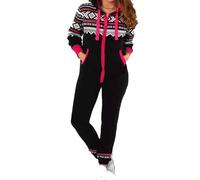 Meet AI Muse Womens Onesie Hooded Onesie Jumpsuit, Black Aztec Onepiece Pink Trim, Fleece Loungewear size L - 2XL (Black Aztec, XL UK 14)