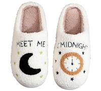 Meet Me at Midnight Fuzzy Memory Foam Slippers for Women Men - Winter Warm Cozy Couple Slip-on House Slippers for Indoor and Outdoor
