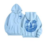 Meet Me at The Ocean Graphic Puff Hoodies for Kids Teen Girls Women UK Casual Cute Oversized Preppy Sweatshirts Long Sleeve Drawstring Streetwear Y2K Tops Ladies Sweatshirts,Light Blue,S