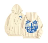 Meet Me at The Ocean Graphic Puff Hoodies for Kids Teen Girls Women UK Casual Cute Oversized Preppy Sweatshirts Long Sleeve Drawstring Streetwear Y2K Tops Womens Hoodies,Beige,S