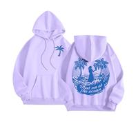 Meet Me at The Ocean Graphic Puff Hoodies for Kids Teen Girls Women UK Casual Cute Oversized Preppy Sweatshirts Long Sleeve Drawstring Streetwear Y2K Tops Jumpers for Women UK,Purple,M