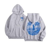 Meet Me at The Ocean Graphic Puff Hoodies for Kids Teen Girls Women UK Casual Cute Oversized Preppy Sweatshirts Long Sleeve Drawstring Streetwear Y2K Tops Oversized Hoodie Kids,Grey,S