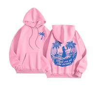 Meet Me at The Ocean Graphic Puff Hoodies for Kids Teen Girls Women UK Casual Cute Oversized Preppy Sweatshirts Long Sleeve Drawstring Streetwear Y2K Tops Women Sweatshirt,Pink,S