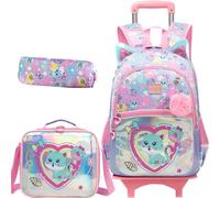 Meetbelify Girls Cute Backpack with Wheels for Elementary Students Kids Black Travel Luggage, Love Cat