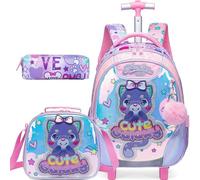 Meetbelify Kids Rolling Backpack with Wheels for Girls Boys Rolling Backpacks with Lunch Box for Elementary Students, 01 Cat