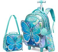 Meetbelify Kids Rolling Backpack with Wheels for Girls Boys Rolling Backpacks with Lunch Box for Elementary Students, Butterfly 01, Modern