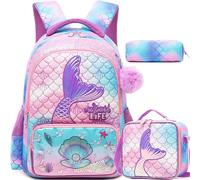 Meetbelify Kids School Backpacks for Girls Boys Backpack with Lunch Bag for Elmentary Students, 01 Mermaid, 16.5"X11.8"X7.8"