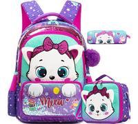 Meetbelify Kids School Backpacks for Girls Boys Backpack with Lunch Bag for Elmentary Students, 01 Purple Cat