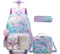 Meetbelify Rolling Backpack for Girls Backpacks with Wheels for Elementary Students Kids Wheels Backpacks, Purple Mermaid, 16.5" x 11.8" x 7 inches