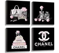 Meetdeceny Black And White Wall Art/Pink Book Pictures Room Decor for Teen Girls/Women Handbag Perfume Wall Decor for Living Room/Fashion Canvas Artwork Size 10"x 10"x 4 Pieces