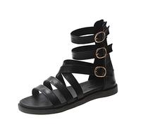 MEETEW Womens High Top Gladiator Sandals Comfort Open Toe Flat Sandals Cross Strappy Ankle Strap Buckle Summer Shoes Black