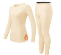 MeetHoo Thermal Underwear for Women, Winter Warm Base Layer Compression Set, Fleece Lined Long Johns Running Skiing Beige