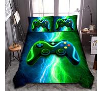 Meeting Story Gamer Gaming Bedding Sets Red Blue Lightnings Gamepad Comforter Set for Boys Games Console Action Buttons Novelty Colorful Modern Room Decor Home Quilt Set (Blue-Green, Twin)