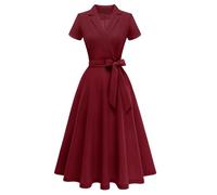 Meetjen Church Dress for Women Short Sleeve V-Neck Cocktail Wedding Guest Dresses Vestidos Elegantes De Mujer,Burgundy,L