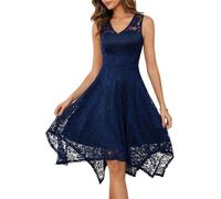 Meetjen Cocktail Dress for Wedding Guest High Low Lace Summer Sleeveless Handkerchief Hem Formal Prom Dresses Navy 2XL