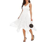 Meetjen Elegant V-Neck Cocktail Dress Formal Irregular Hem Sleeveless Wedding Dresses for Bride A-line Fancy White M