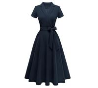 Meetjen Formal Wedding Guest Dresses for Women Elegant V Neck Swing 1950s Vintage Audrey Hepburn Style Dress,Navy,2XL
