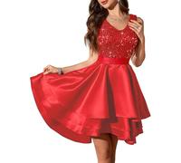 Meetjen Junior Formal Dresses Girls Short Sparkly Sequin Prom Homecoming Dress A-line Satin Bridesmaid Dress 2XL Red