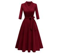 Meetjen Modest Church Dress Classy V-Neck Cocktail for Wedding Guest Swing Vestidos Elegantes De Mujer,Burgundy,S