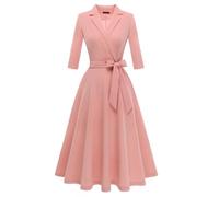 Meetjen Modest Church Dress Classy V-Neck Cocktail Party Wedding Guest Swing Work Vestidos Elegantes De Mujer,Blush,S