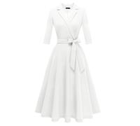 Meetjen Modest Church Dress Formal Classy V-Neck Cocktail for Wedding Guest Swing Vestidos Elegantes De Mujer,White,S