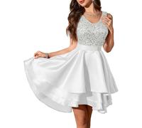 Meetjen Sparkly Cocktail Prom Dress for Women High Low Formal Short Wedding Guest V Neck Satin Sequin Dresses White XL