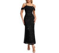 Meetjen Summer Maxi Dress for Women Off the Shoulder Formal Wedding Guest Sequin Cowl Neck Ruched Corset Homecoming Cocktail Bridesmaid Evening Dresses Black X-Large